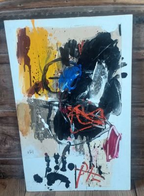 peinture abstraite sur une toile blanche, réalisée avec de la peinture noire, rouge, jaune et bleue