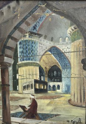 an oil painting of a man sitting on a bench in front of a building