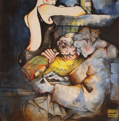 l'image d'un tableau représentant un homme et une femme assis sur un canapé