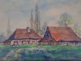une image représentant un tableau où l'on voit deux maisons dans un champ