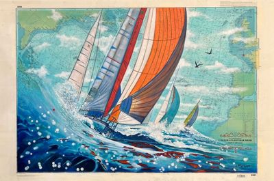 un tableau représentant un groupe de voiliers naviguant sur l'océan