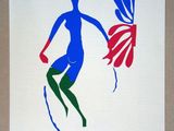 painting of a woman holding a red and blue flower in her right hand