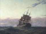 une image représentant un tableau d'un bateau au milieu d'un plan d'eau