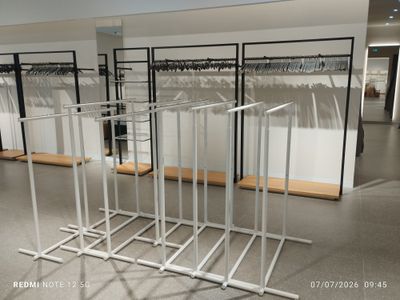 a rack of clothes in the middle of a room