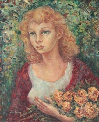 un tableau représentant une femme tenant un bouquet de fleurs