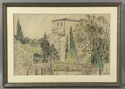 drawing of an old building with a clock tower in the background