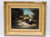 an old painting of two women sitting on a blanket in a wooded setting