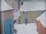 painting of a man walking down a snow covered street in a village