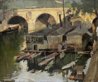 une peinture représentant un pont au-dessus d'une étendue d'eau