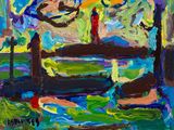 une peinture à l'huile représentant une peinture d'un bateau sur un plan d'eau