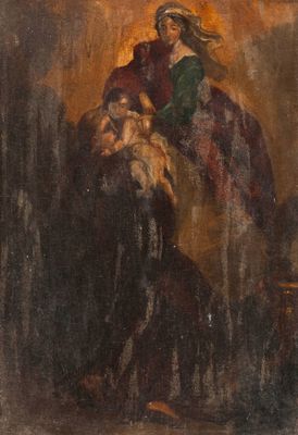 un tableau représentant un homme tenant un enfant dans ses bras