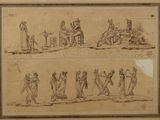 deux dessins représentant un homme et une femme accompagnés d'un chien et d'autres personnages