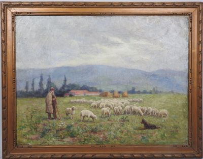 tableau représentant un homme debout dans un champ avec un troupeau de moutons