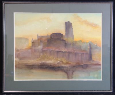 painting of a castle in the middle of a body of water