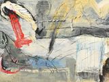 a painting of a woman sitting on a bench