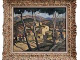 une image représentant un tableau d'un village avec des arbres au premier plan