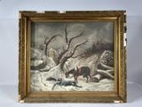 an image of a painting of a horse and a man laying in the snow