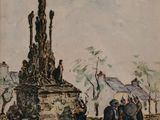 une image représentant un tableau dans lequel on voit un groupe de personnes rassemblées autour d'un monument