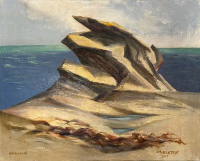 une peinture à l'huile représentant une formation rocheuse sur une plage au bord de l'océan