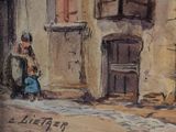 a painting of a woman sitting on a street corner