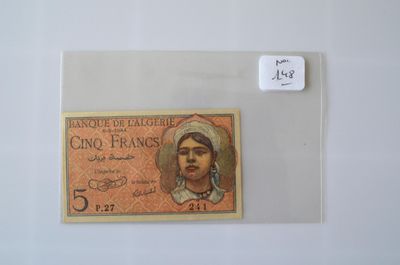 Un billet de 5 F, Banque de l'Algérie, 8-2-1944, neuf