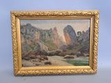 une peinture à l'huile représentant un paysage de montagne avec des rochers et une rivière