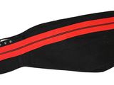 a close up of a pair of black pants with red stripes