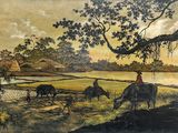 un tableau représentant un homme à cheval au bord d'une rivière