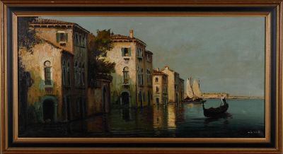 painting of a canal scene with a gondola boat in the foreground