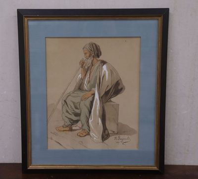 painting of a man sitting on a ledge with his hand on his chin