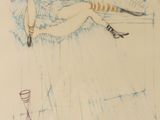 un dessin représentant une femme allongée sur un canapé, les jambes croisées
