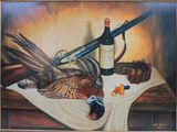 a painting of a bottle of wine, a gun, and a pheasant on a table