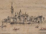 painting of a view of a city with a boat in the water and a boat in the water