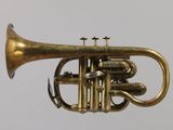 a brass trumpet that is sitting on a table