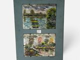 deux tableaux encadrés représentant une rivière et des arbres sur fond blanc