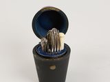 un petit récipient noir contenant plusieurs brosses à dents