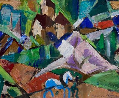 painting of a painting of a person riding a horse in a field