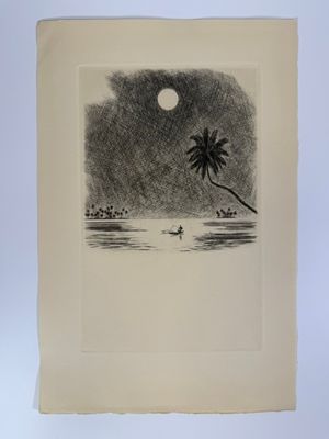 un dessin en noir et blanc représentant un palmier sur une plage