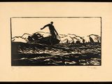 un dessin en noir et blanc représentant un homme dans un bateau