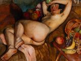 painting of a nude woman laying on a couch with fruit on the table
