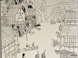 un dessin en noir et blanc représentant une ville avec des personnages