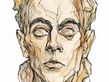 drawing of a man ' s face with a piece of paper in the background