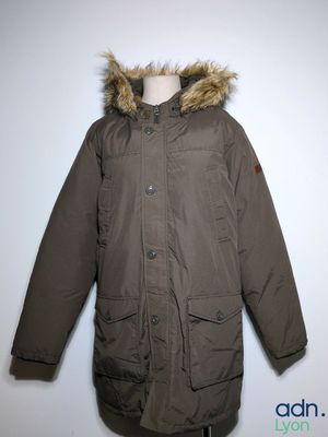 an image of a brown jacket with a hood on a mannequin stand