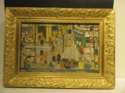 painting of a painting of a street scene in a gold frame on a white wall