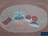 a painting of a teddy bear and other items on a table