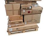 a stack of boxes on a pallet on a white background
