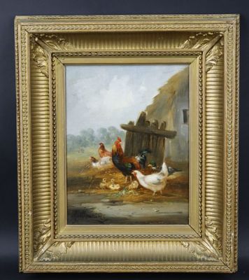une peinture à l'huile représentant des poulets devant une grange