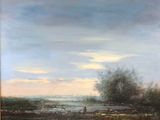 une peinture à l'huile représentant une personne marchant dans un champ près d'un plan d'eau