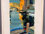 painting of a painting of a boat on a body of water with a bridge in the background