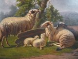 a painting of sheep and lambs in a field